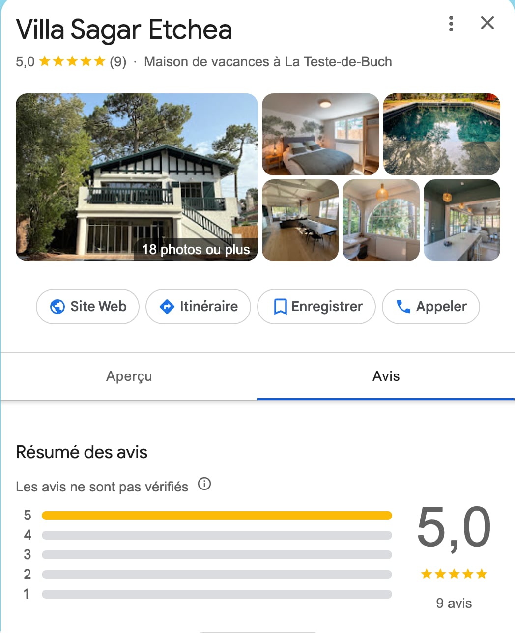 Avis Google des voyageurs sur la Villa Sagar Etchea